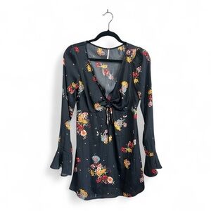 Free People Midnight Navy Silky Mini Dress Floral Long Sleeve Size S